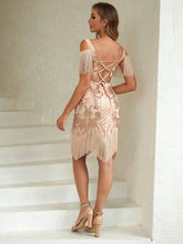 ANGEL FASHIONS Cold Shoulder Fringe Trim Sequin Cocktail Dress